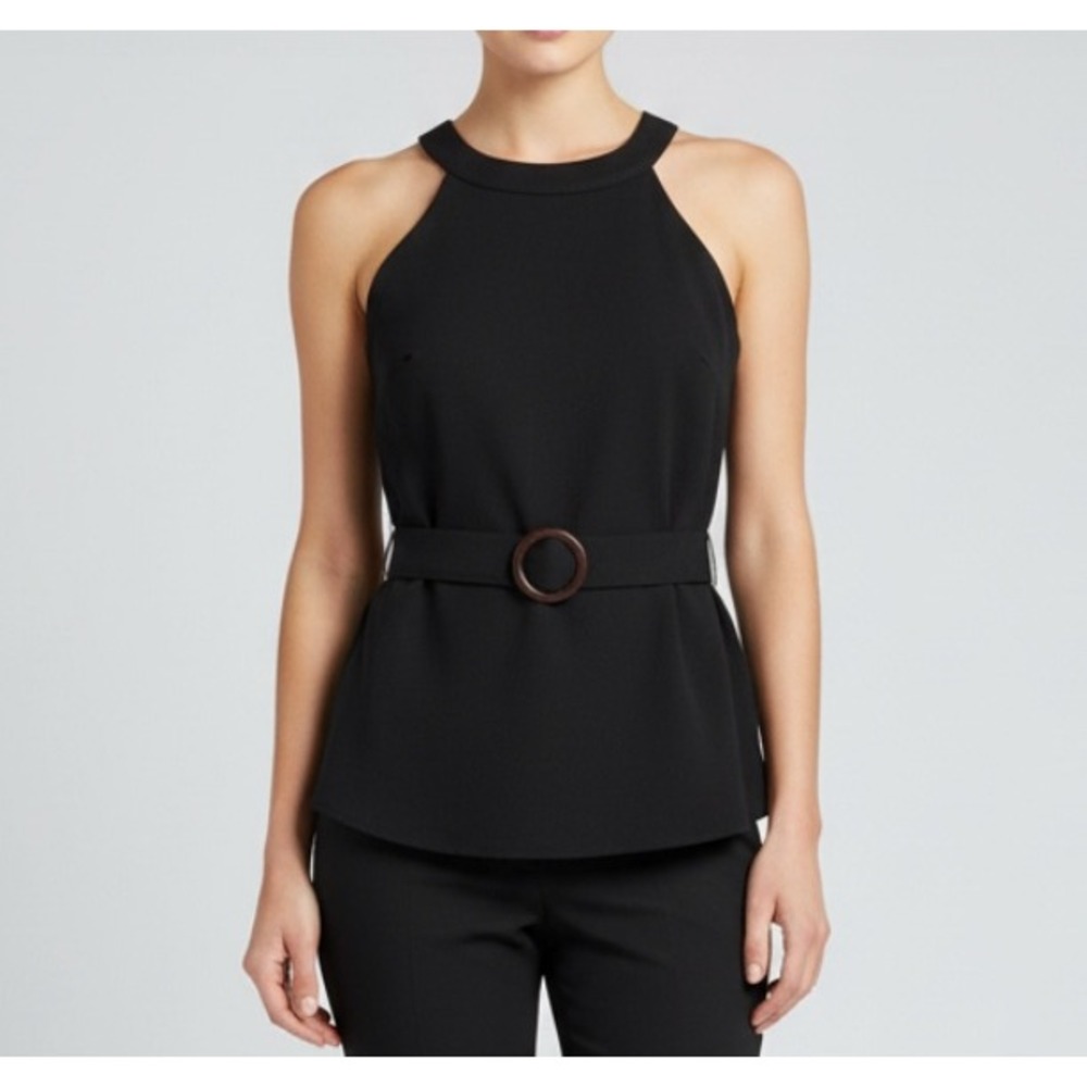 ANTHROPOLOGIE Black PONTE KNIT Zip/Sleeveless BELTED HALTER BLOUSE/TANK TOP S